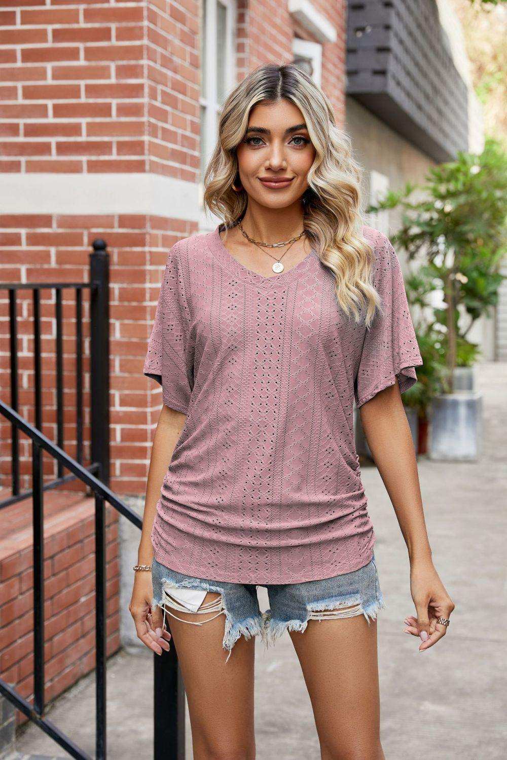 Flutter Sleeve Eyelet Gathered Detail Top - Trendsi - Flyclothing LLC