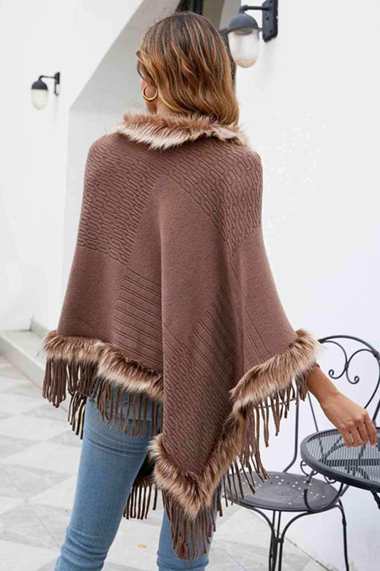 Faux Fur Trim Fringed Poncho - Trendsi - Flyclothing LLC