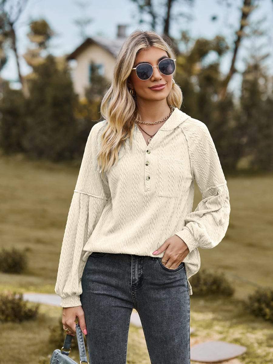 Cable-Knit Dropped Shoulder Hoodie - Trendsi - Flyclothing LLC