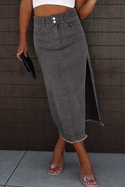 Raw Hem Slit Pocketed Midi Denim Skirt - Trendsi - Flyclothing LLC