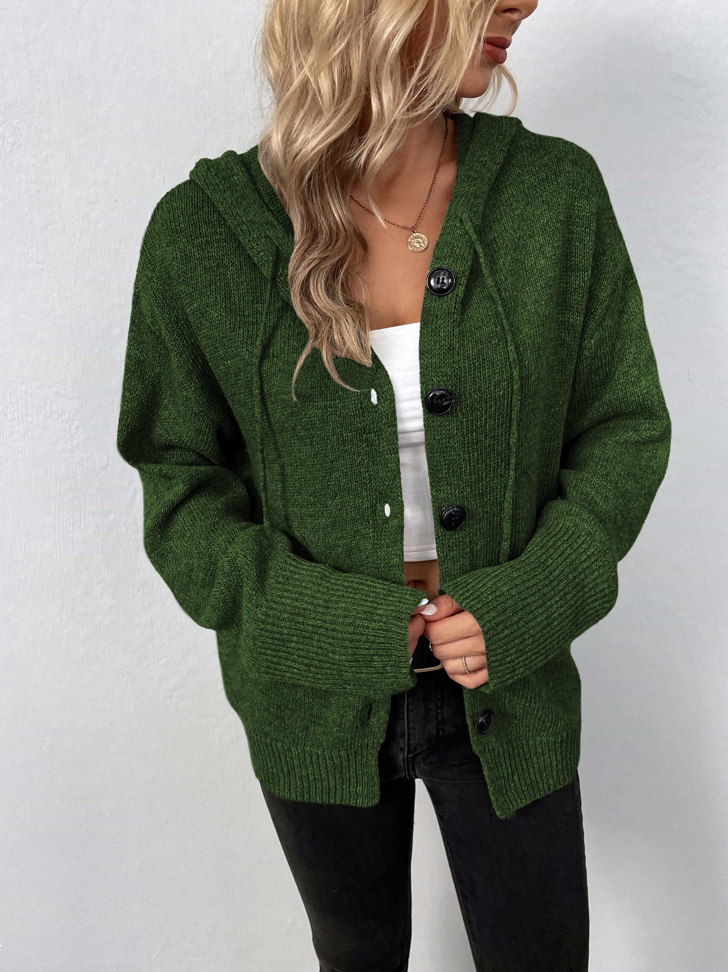 Button-Down Long Sleeve Hooded Sweater - Trendsi - Flyclothing LLC