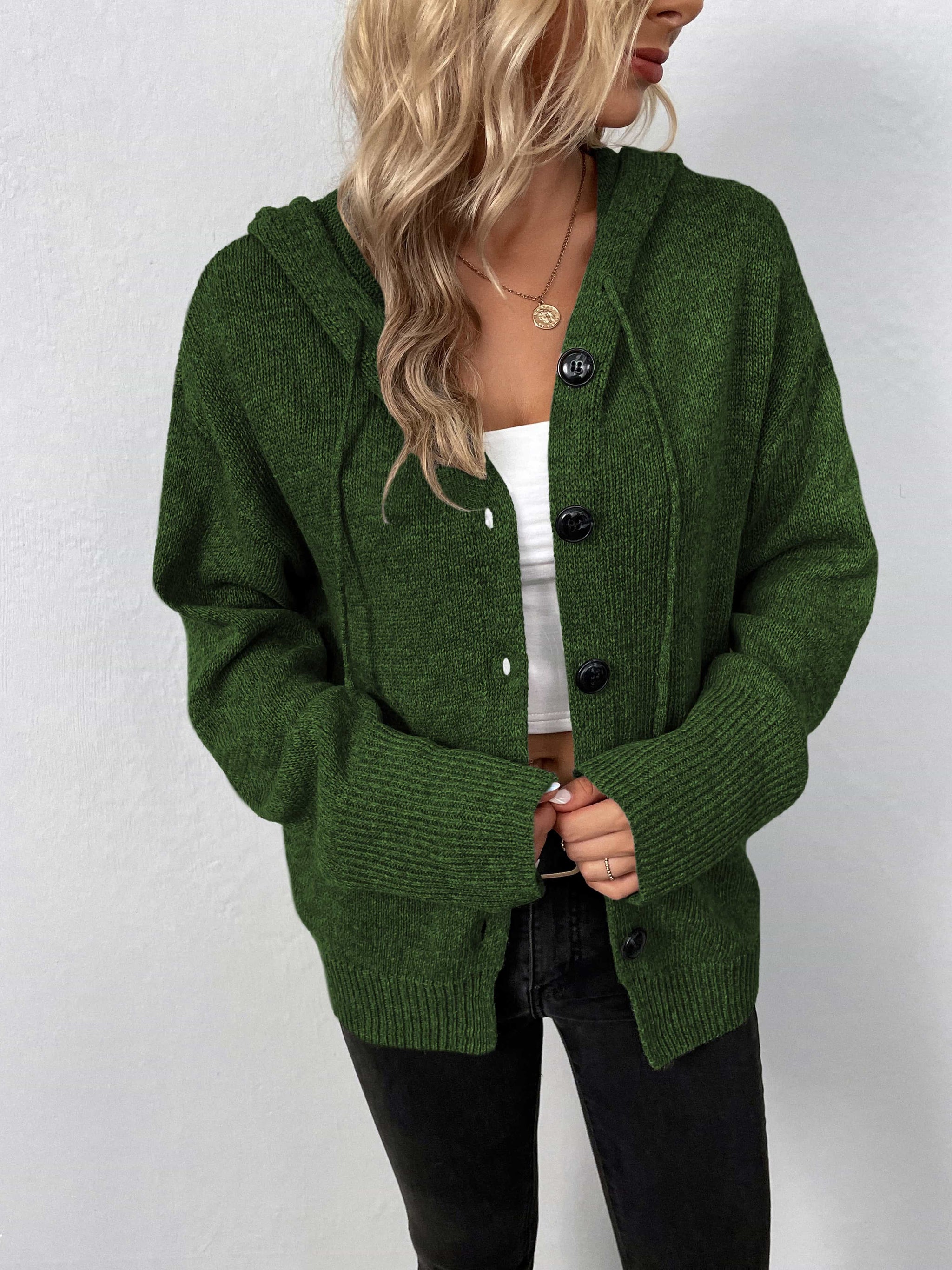 Button-Down Long Sleeve Hooded Sweater - Trendsi - Flyclothing LLC