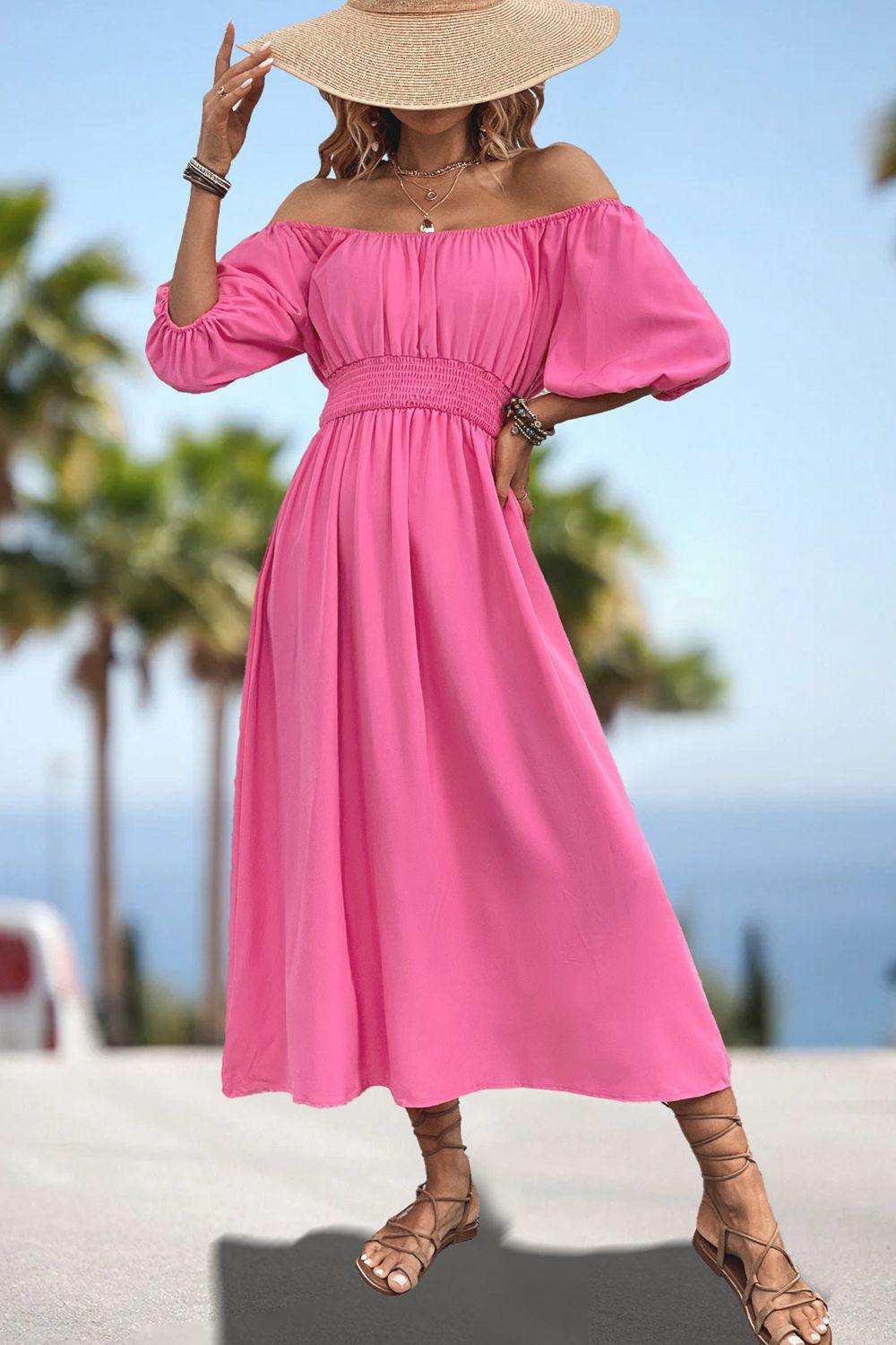 Square Neck Smocked Waist Puff Sleeve Midi Dress - Trendsi