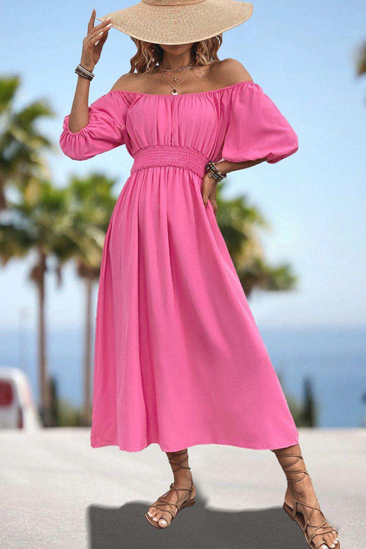 Square Neck Smocked Waist Puff Sleeve Midi Dress - Trendsi - Flyclothing LLC