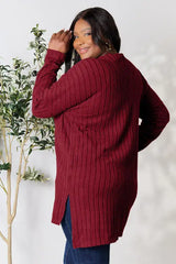 Basic Bae Full Size Ribbed Round Neck Long Sleeve Slit Top - Trendsi - Flyclothing LLC