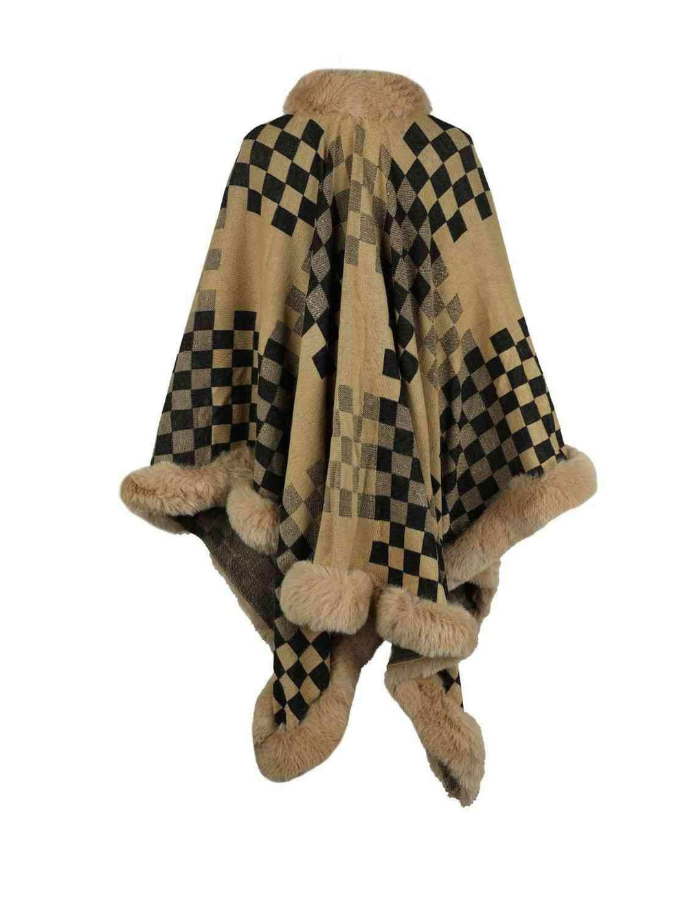 Checkered Faux Fur Trim Poncho - Trendsi - Flyclothing LLC