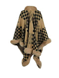 Checkered Faux Fur Trim Poncho - Trendsi - Flyclothing LLC