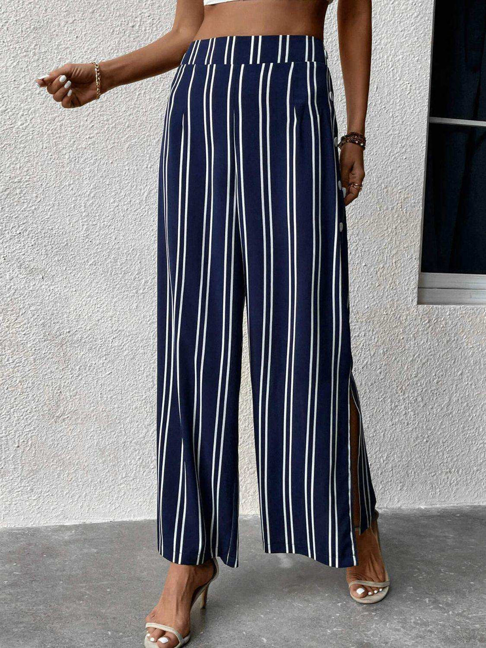 Striped Slit Wide Leg Pants - Trendsi - Flyclothing LLC