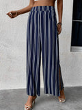 Striped Slit Wide Leg Pants - Trendsi