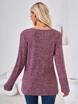 Ribbed Buttoned Round Neck Slit T-Shirt - Trendsi - Flyclothing LLC
