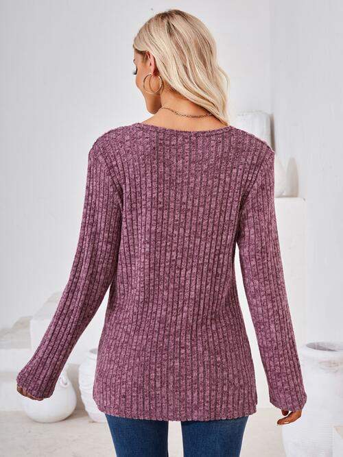 Ribbed Buttoned Round Neck Slit T-Shirt - Trendsi - Flyclothing LLC