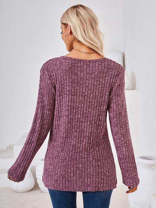 Ribbed Buttoned Round Neck Slit T-Shirt - Trendsi - Flyclothing LLC