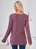 Ribbed Buttoned Round Neck Slit T-Shirt - Trendsi