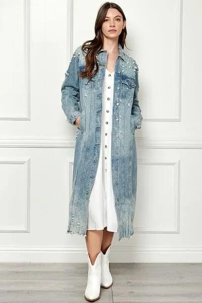 Veveret Full Size Distressed Raw Hem Pearl Detail Button Up Jacket - Trendsi