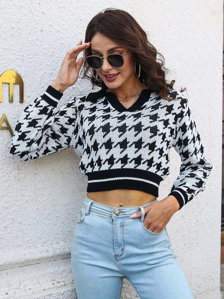 Houndstooth Johnny Collar Cropped Sweater - Trendsi - Flyclothing LLC