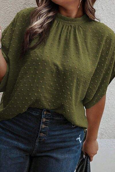 Plus Size Swiss Dot Tied Mock Neck Blouse - Trendsi - Flyclothing LLC