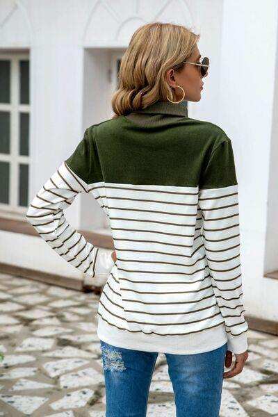 Striped Contrast Turtleneck Sweater - Trendsi - Flyclothing LLC