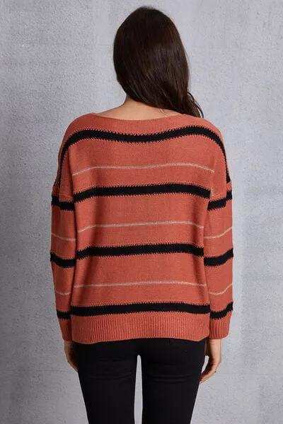 Striped Round Neck Dropped Shoulder Sweater - Trendsi - Flyclothing LLC