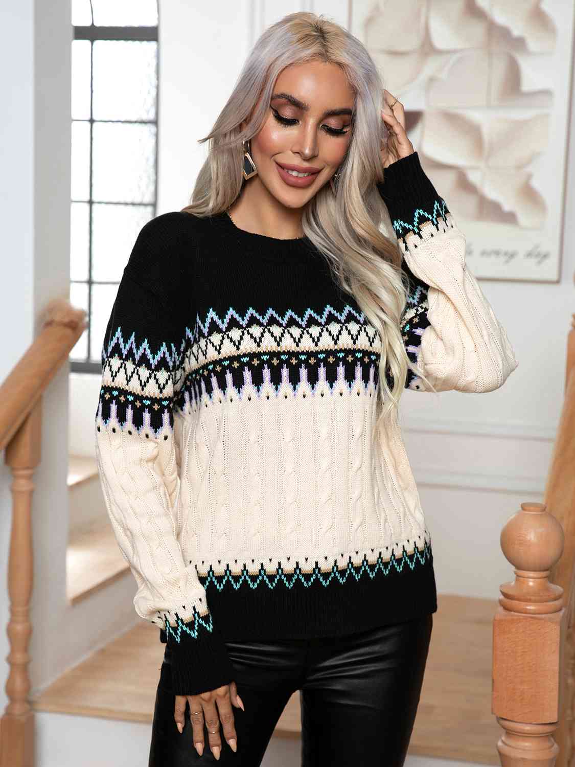 Round Neck Cable-Knit Sweater - Trendsi - Flyclothing LLC