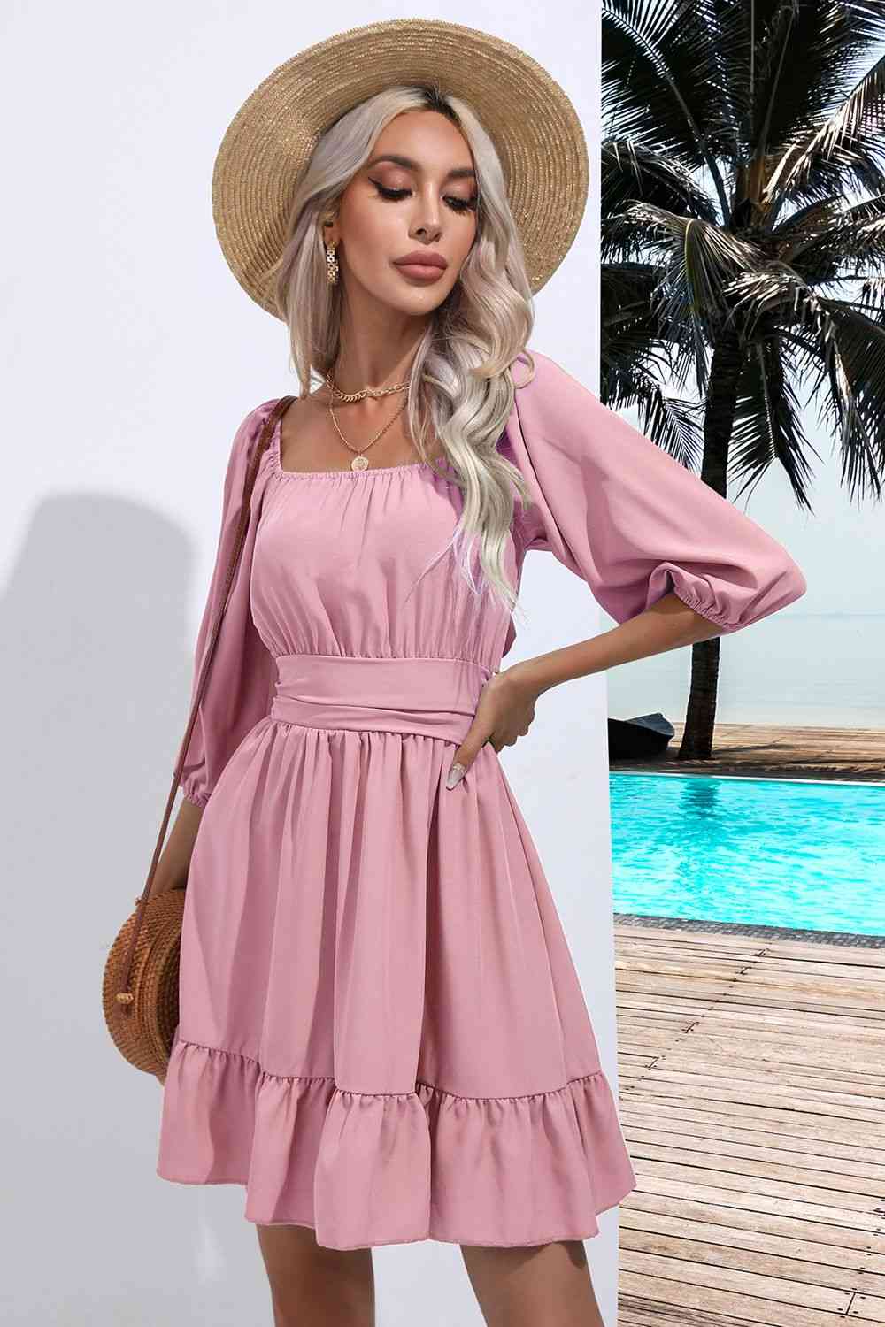 Square Neck Tie Back Ruffle Hem Dress - Flyclothing LLC