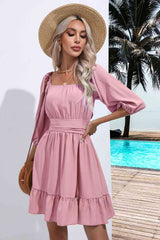 Square Neck Tie Back Ruffle Hem Dress - Trendsi - Flyclothing LLC