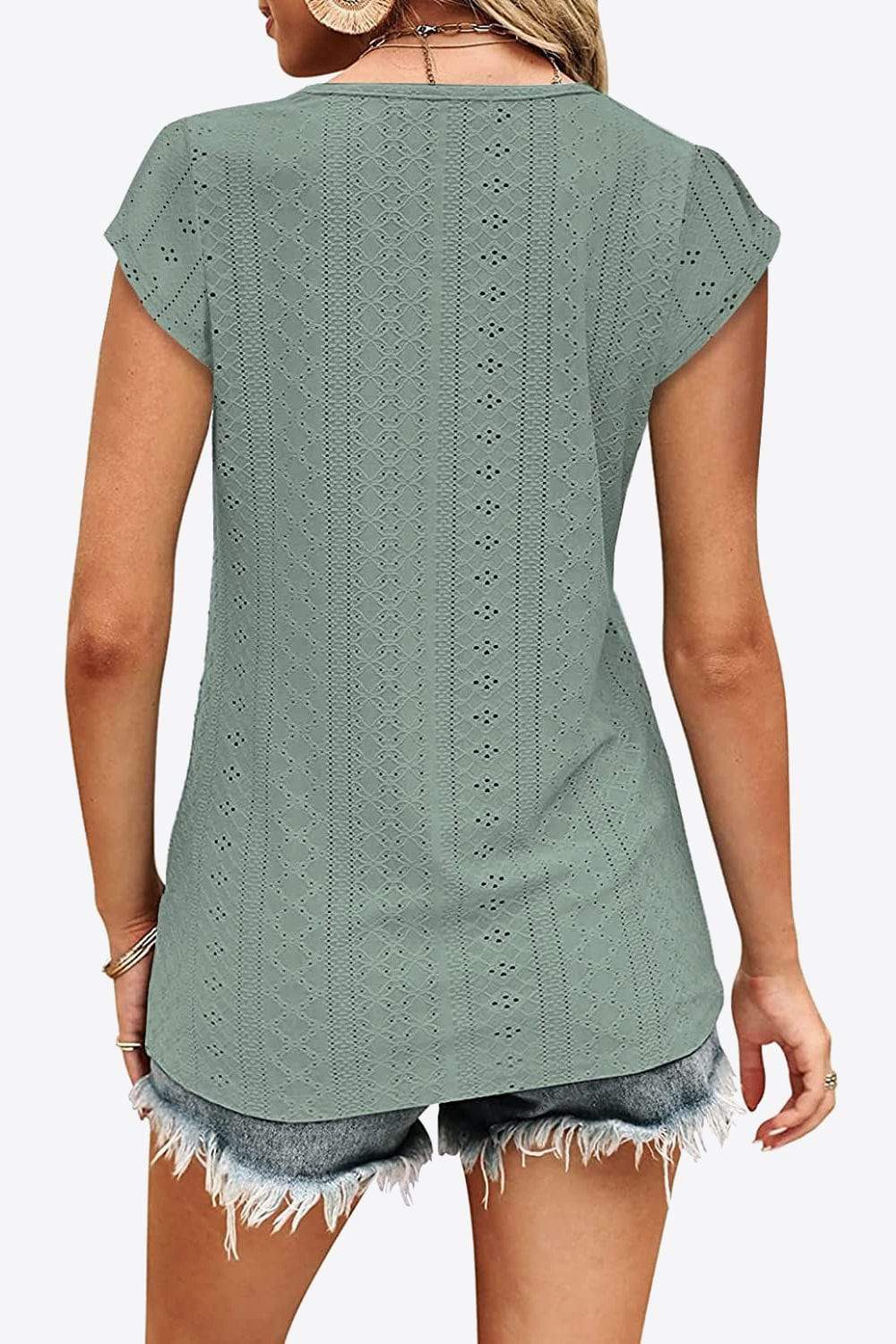 Eyelet Contrast V-Neck Tee - Trendsi - Flyclothing LLC