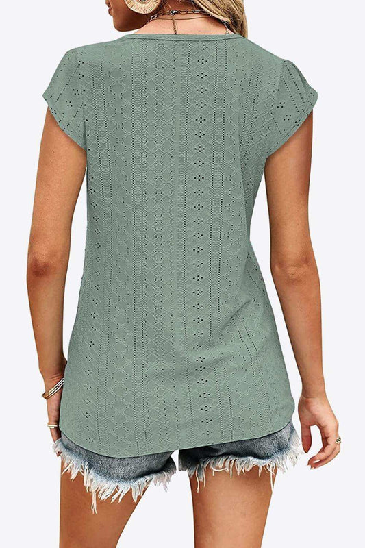 Eyelet Contrast V-Neck Tee - Trendsi - Flyclothing LLC