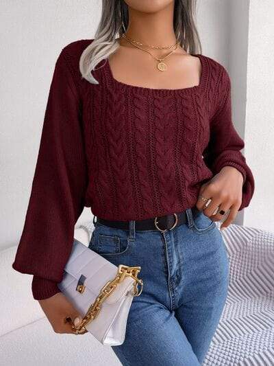 Cable-Knit Square Neck Long Sleeve Sweater - Trendsi - Flyclothing LLC