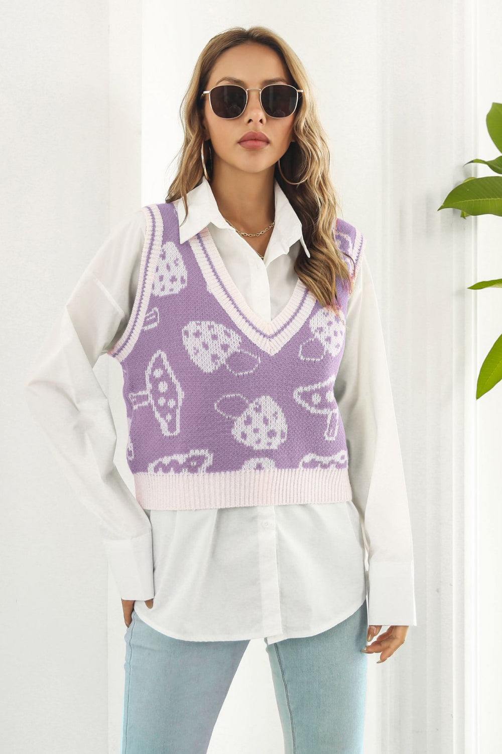 Printed Plunge Neck Sweater Vest - Trendsi