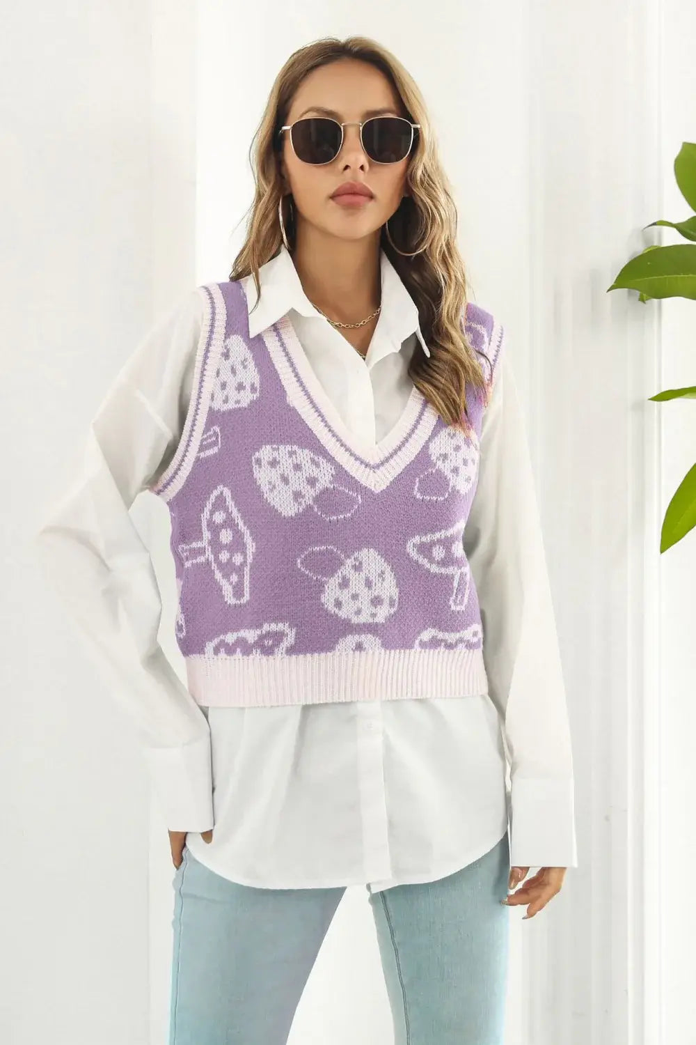 Printed Plunge Neck Sweater Vest - Trendsi - Flyclothing LLC