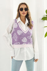 Printed Plunge Neck Sweater Vest - Trendsi