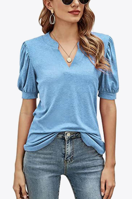 Notched Neck Puff Sleeve Tee - Trendsi