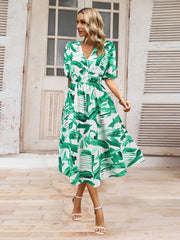 Ruched Printed Surplice Short Sleeve Dress - Trendsi