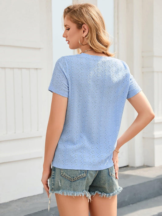 Eyelet Short Sleeve V-Neck Blouse - Trendsi