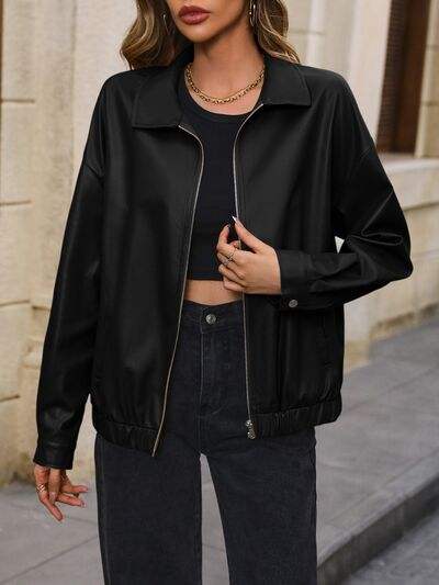 Pocketed Zip Up Collared Neck Jacket - Trendsi - Flyclothing LLC
