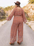 Plus Size Printed V-Neck Tie Front Balloon Sleeve Jumpsuit - Trendsi - Flyclothing LLC