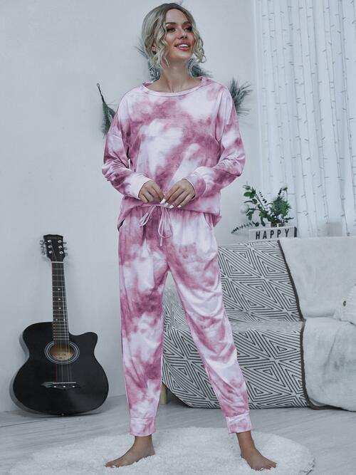 Tie-dye Round Neck Top and Drawstring Pants Lounge Set - Trendsi - Flyclothing LLC