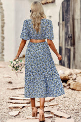 Floral Cutout Puff Sleeve Midi Dress - Flyclothing LLC