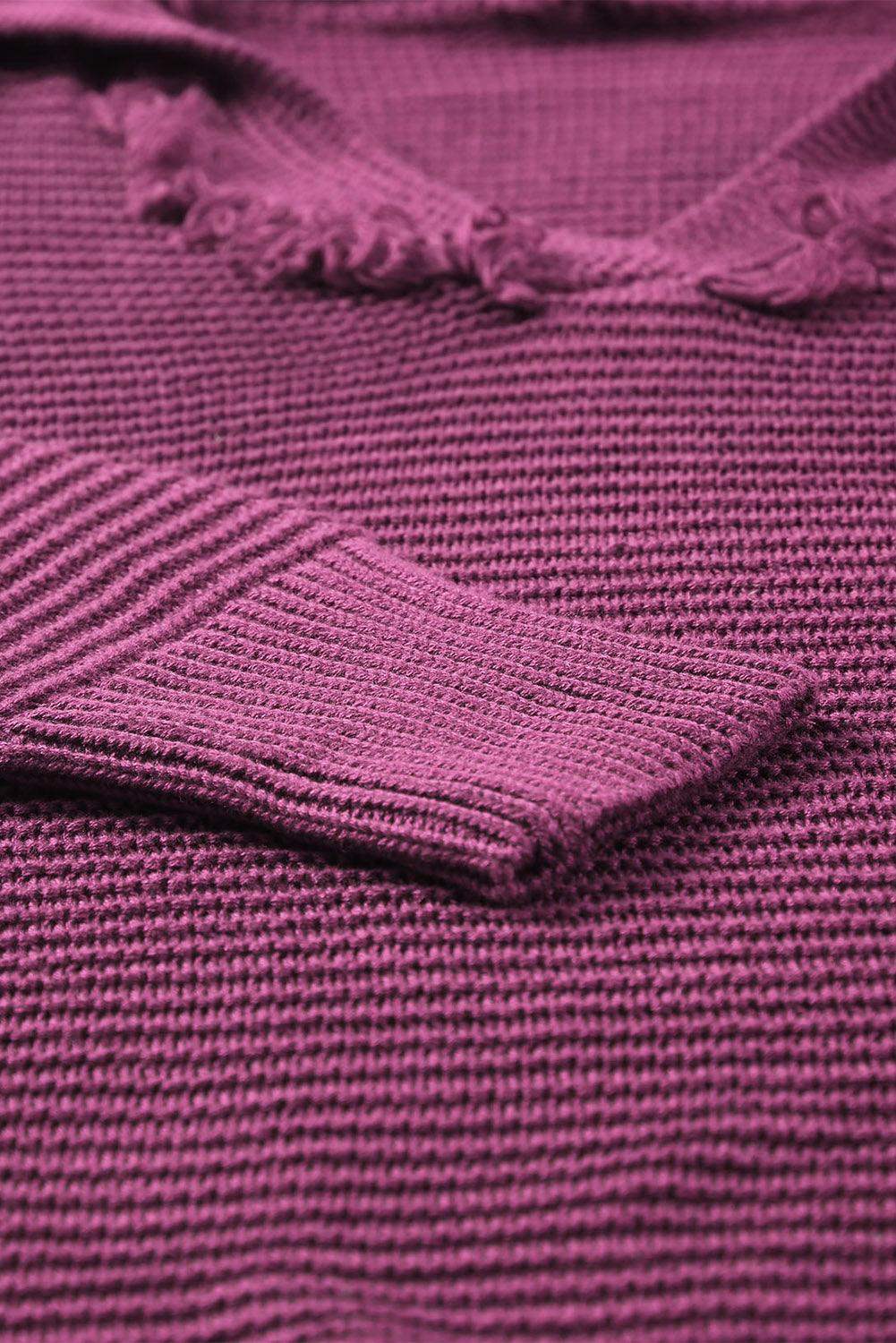Horizontal Ribbing Fringe Trim Hooded Sweater - Trendsi - Flyclothing LLC