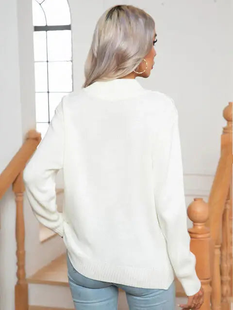 Openwork Geometric Mock Neck Sweater - Trendsi - Flyclothing LLC