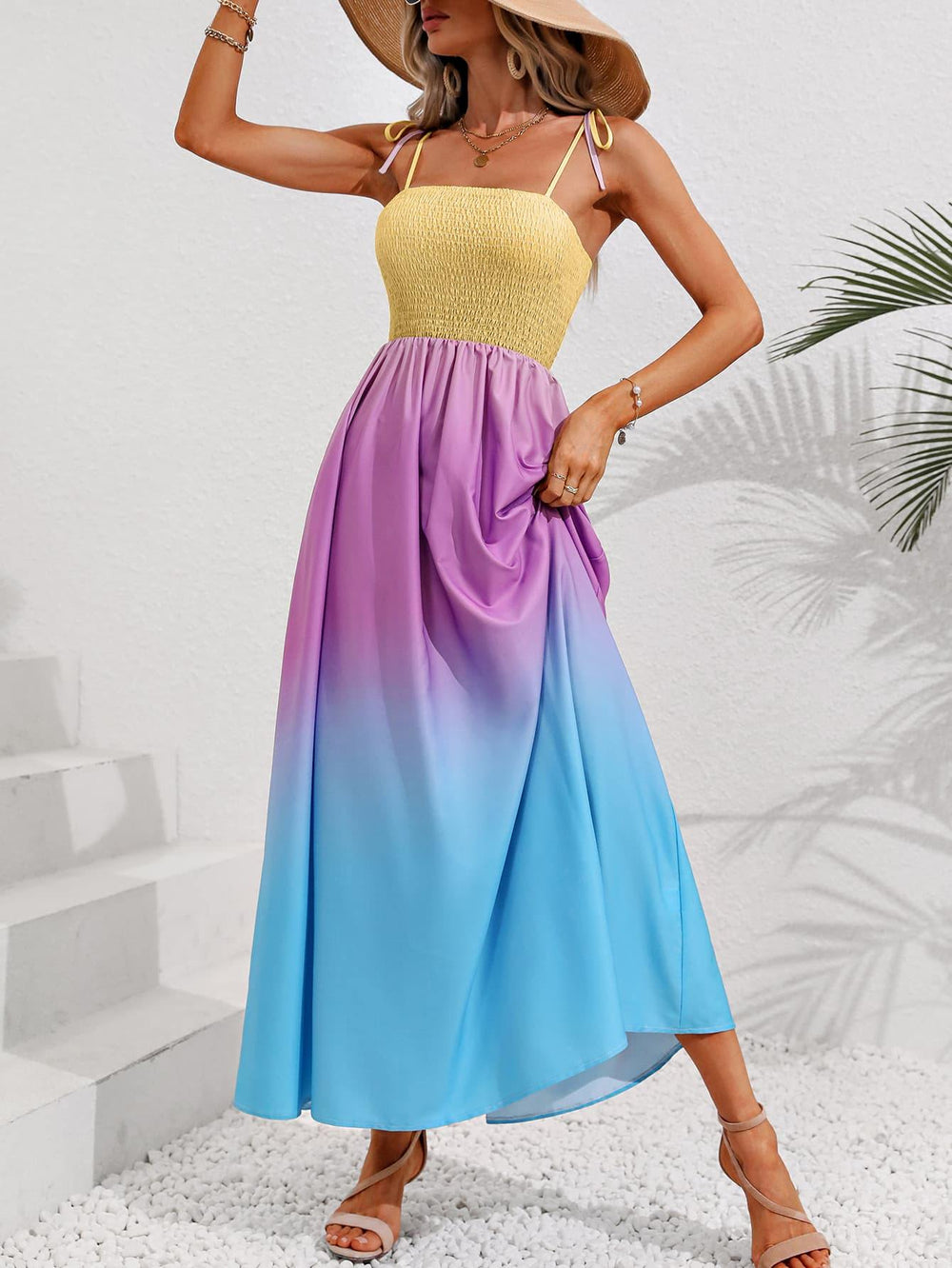 Color Block Tie Shoulder Smocked Maxi Dress - Trendsi