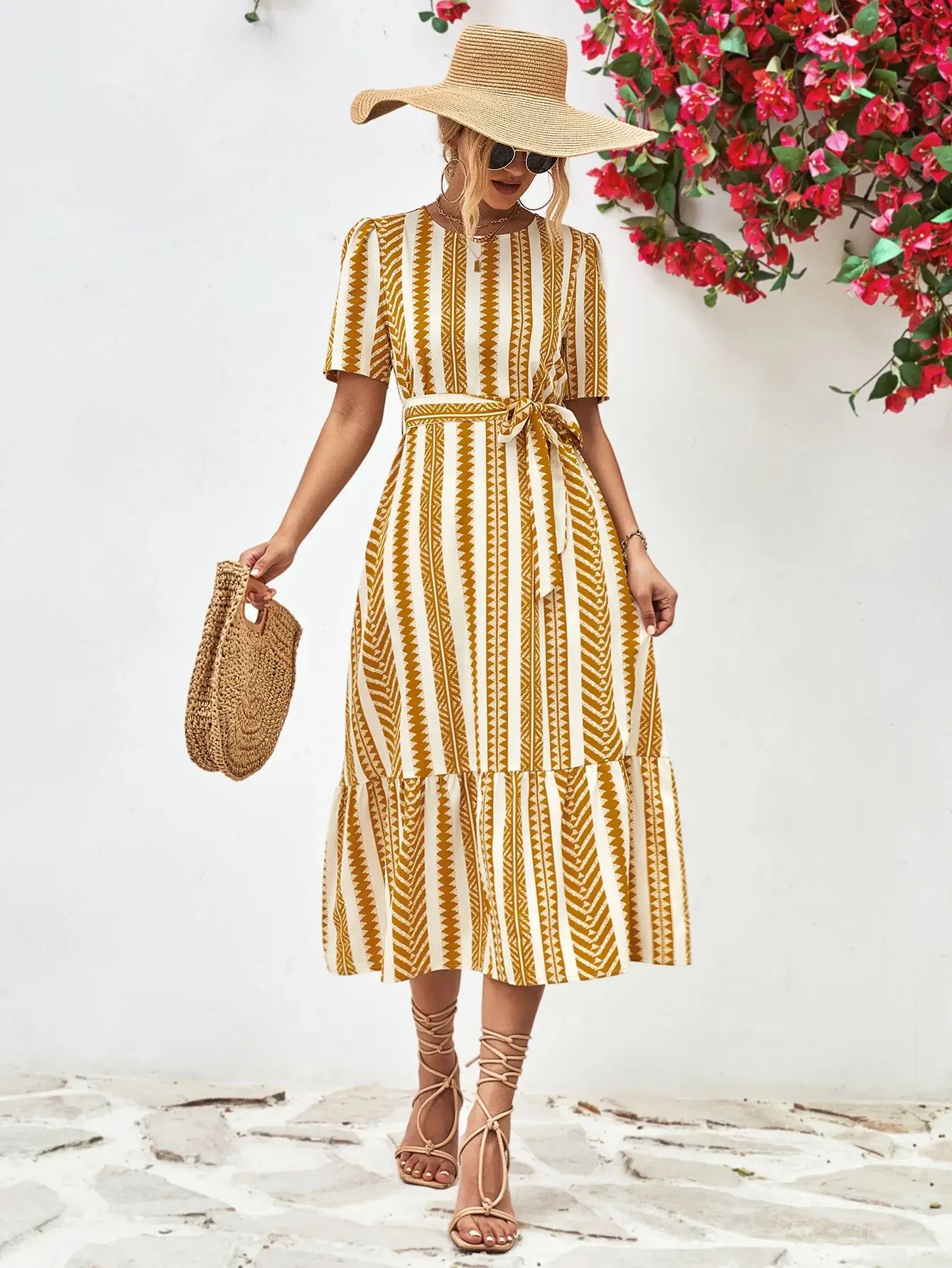 Striped Tie Belt Round Neck Puff Sleeve Dress - Trendsi - Flyclothing LLC