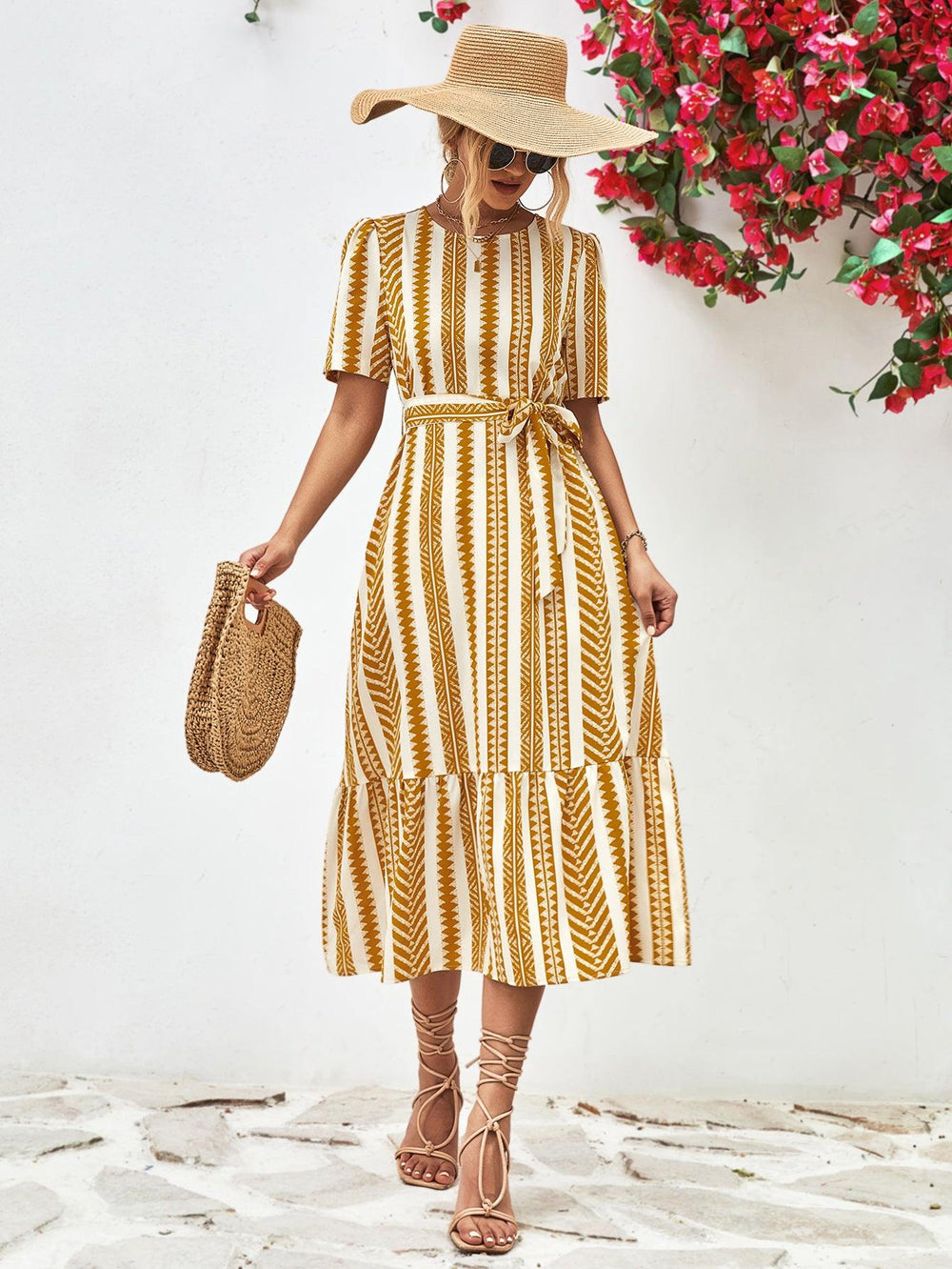 Striped Tie Belt Round Neck Puff Sleeve Dress - Trendsi