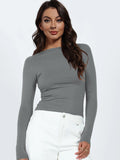Backless Round Neck Long Sleeve Blouse - Trendsi