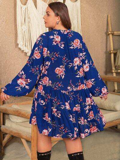 Plus Size Printed Tie Neck Balloon Sleeve Mini Dress - Trendsi - Flyclothing LLC