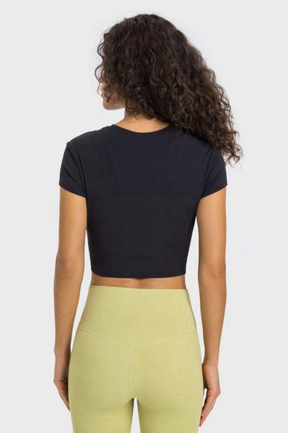Round Neck Short Sleeve Cropped Sports T-Shirt - Trendsi - Flyclothing LLC