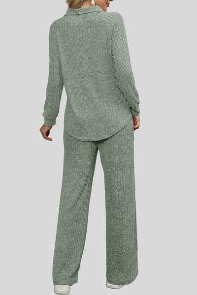 Ribbed Long Sleeve Top and Pocketed Pants Set - Trendsi - Flyclothing LLC