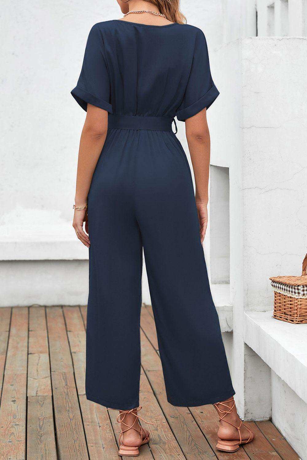 Tie Waist Surplice Wide Leg Jumpsuit - Trendsi - Flyclothing LLC