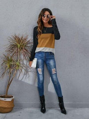 Color Block Round Neck Long Sleeve T-Shirt - Trendsi