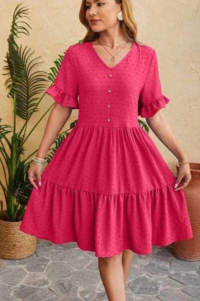 Swiss Dot Ruffled V-Neck Tiered Dress - Trendsi - Flyclothing LLC